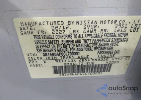 2012 Nissan Sentra 2.0 S из США, поврежденный, VIN 3N1AB6AP6CL700001